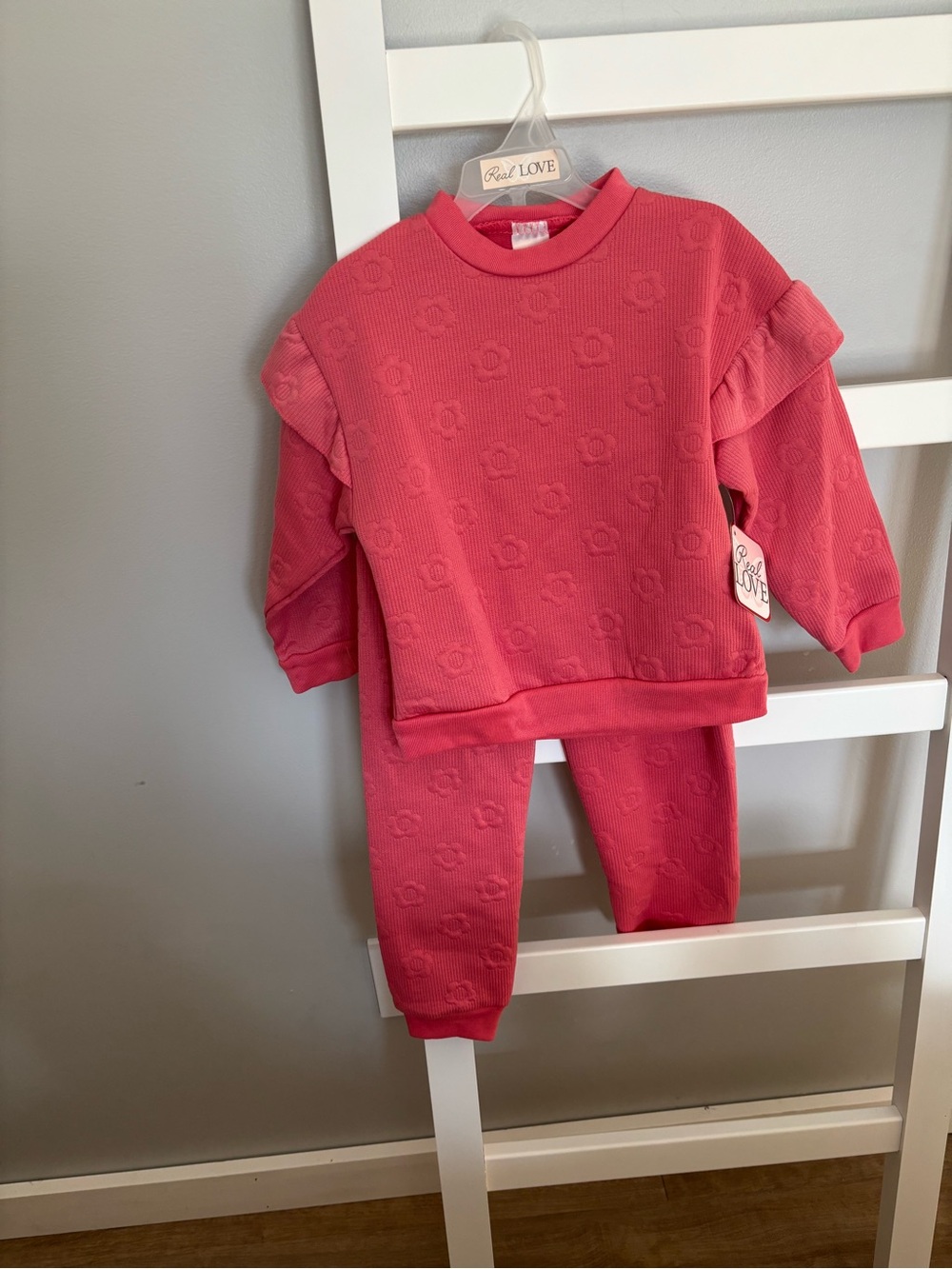 Girls' Pink Ruffle Shoulder Sweatshirt & Jogger Set